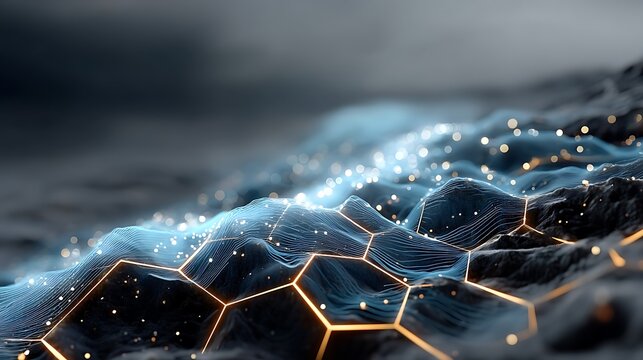 Futuristic glowing hexagon digital terrain with light patterns high resolution background