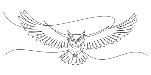 One line drawing of an owl in flight with wings spread Vector, illustration