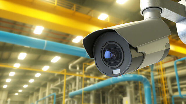 Security camera in industrial setting with pipes and lights