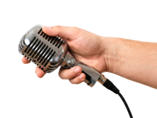 man hand holding vintage microphone png isolated on transparent background