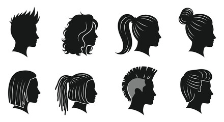 diverse collection of female and male hairstyles presented as striking black silhouettes