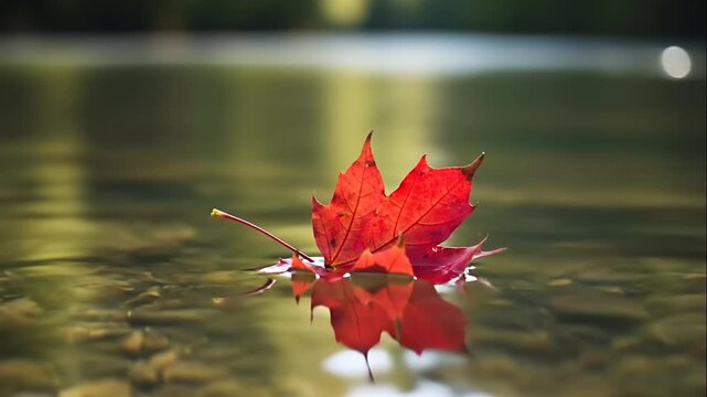 A single red maple leaf floats serenely on the surface of calm water.