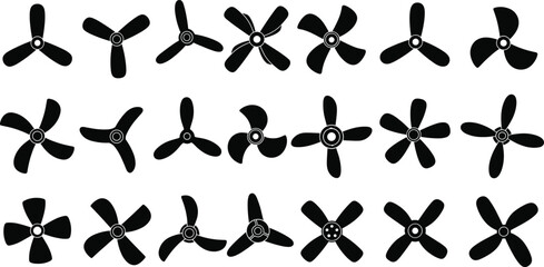 Silhouette collection of various three-blade and four-blade propellers showing different shapes and rotational designs in black