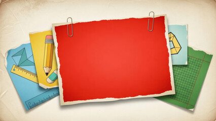 Vibrant school supplies and colorful paper notes on vintage background