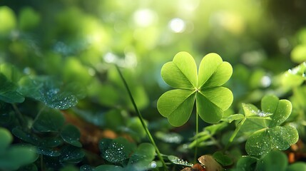 Close-up of a four-leaf clover glowing amidst lush, green foliage, hinting at luck