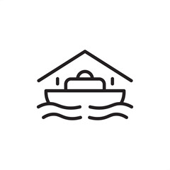 Dry dock icon featuring a large cargo vessel positioned within a specialized protective enclosure with a peaked roof, representing maritime maintenance, ship hull repair facilities, naval engineering.
