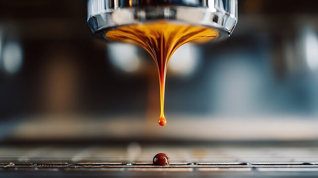 Close-up of espresso machine pouring rich coffee into a tiny, focused, and elegant drop
