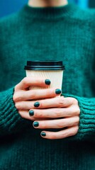 A man sits comfortably, displaying well-groomed nails as he holds a coffee cup with both hands. He wears a knitted sweater and enjoys a break during the day
