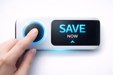 Finger pushing a modern digital button with the text Save Now and glowing blue lighting, financial saving concept