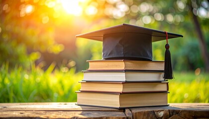 Graduation cap on a stack of books outdoors in a serene natural setting with sunlight filtering through trees