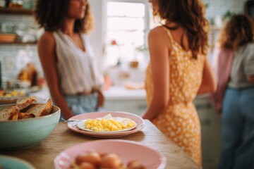 Three friends are standing near a kitchen counter and chatting. They are smiling at each other while enjoying scrambled eggs and bread on the table around them