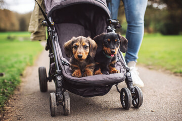 Two adorable Dachshund puppies relax together in a twin stroller while their smiling owner takes a walk in a lush, green park, enjoying the sunny day