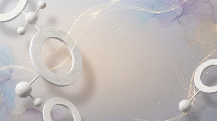 Futuristic AI Network Rings with Gold Circuit Pattern and Glowing Particle Data Streams, Soft Pastel Abstract Technology Background