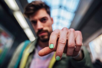 A man in a salon displays his hand with green nail polish on one finger. He is engaged in a manicure session, showcasing his personal grooming choice
