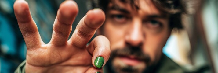 A man in a salon displays his hand with green nail polish on one finger. He is engaged in a manicure session, showcasing his personal grooming choice, banner