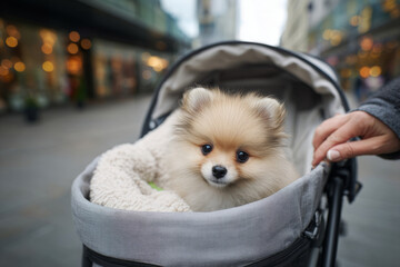 A cute Pomeranian puppy sits comfortably in a pet stroller filled with a soft blanket, while the owner's hands grip the handle on a bustling city street