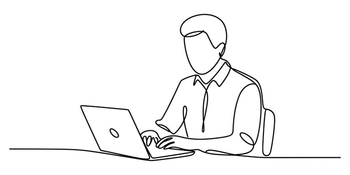 A minimalist continuous line art illustration showing a professional person working on a laptop computer Vector, illustration