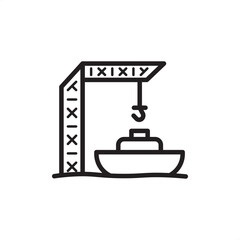 Ship-to-shore crane icon featuring a tall lattice-structure gantry crane with a horizontal boom and hoist hook positioned over a docked cargo vessel, representing maritime logistics and port operation