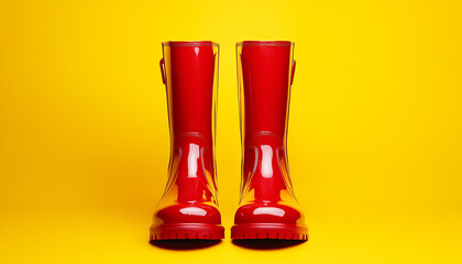 Pair of shiny red rain boots stand against a bright yellow backdrop. These waterproof boots are perfect for wet weather protection and stylish outdoor adventures