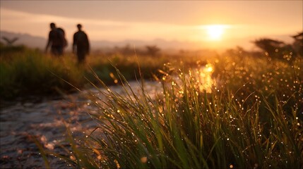 Two silhouetted figures trek through a dewy grassy field bathed in the warm golden light of a serene sunrise