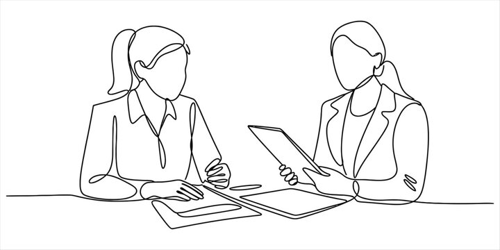 Continuous line art drawing of two businesswomen having a professional discussion Vector, illustration