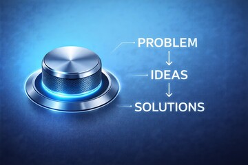 Metallic knob dial turning from problem through ideas to solutions on a textured blue background, creative process concept