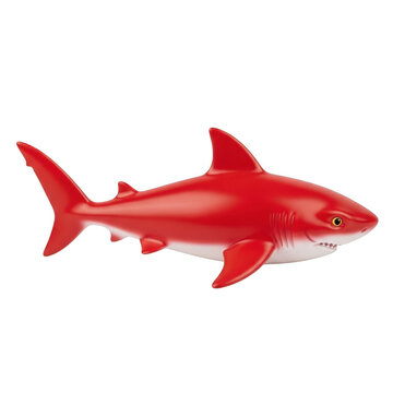 Bright red inflatable shark toy floating in water