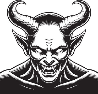 Menacing devil character illustration features evil horns and sharp teeth in a dramatic black and white design, showcasing a bold and intense facial expression.