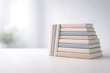 Neat stack of books with pastel blue and pink covers on a clean white surface, minimalist reading and education concept
