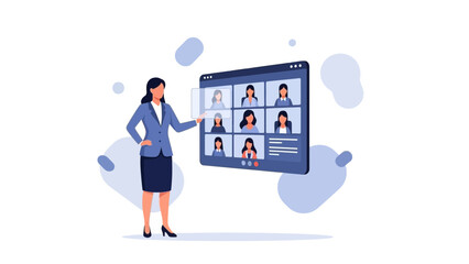 Woman leading online meeting with team on video conference screen, flat design