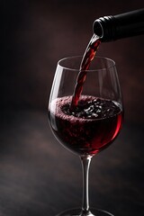 Rich red wine being poured from a bottle into a crystal glass against a dark, elegant background