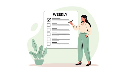 Woman making weekly to-do list on whiteboard, planning and organization concept