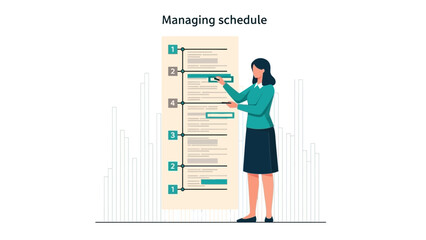 Woman managing a schedule on a large board with graph background