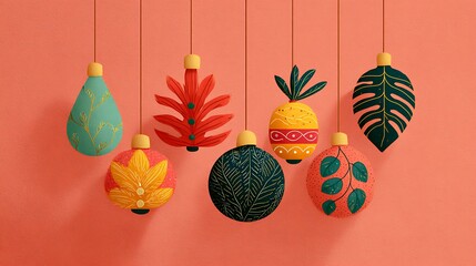 Colorful, stylized Christmas ornaments of varying designs suspended on strings