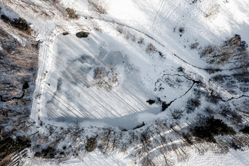 Beautiful winter landscape from a drone: forest, snow-covered meadows and a lake.