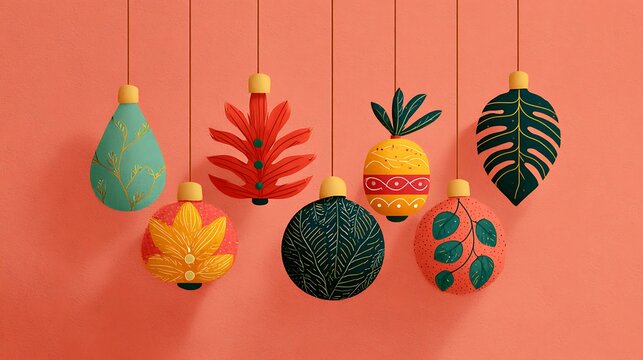 Colorful, stylized Christmas ornaments of varying designs suspended on strings - Powered by Adobe
