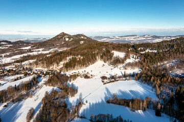 Sokole Mountains, Sokoliki in Poland in winter, view from a drone.