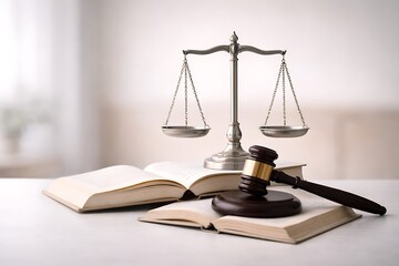 Golden scales of justice and a wooden gavel placed on open law books, legal system and constitutional law concept