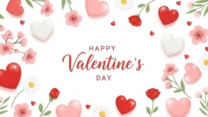 Happy Valentine's Day greeting with romantic red, pink, and white 3D hearts and delicate cherry blossom flowers on white background