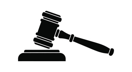 A striking black silhouette of a classic gavel resting on a sound block silhouette