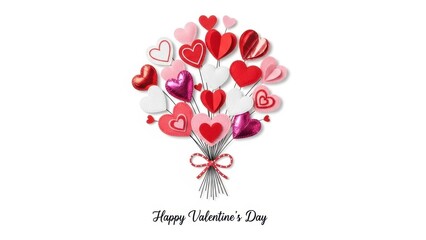 Romantic Isolated Heart Bouquet Illustration with Red and Pink Hearts and 'Happy Valentine's Day' Text