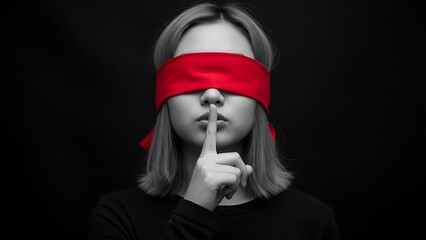 A person in black and white with a red blindfold and finger over lips for silence