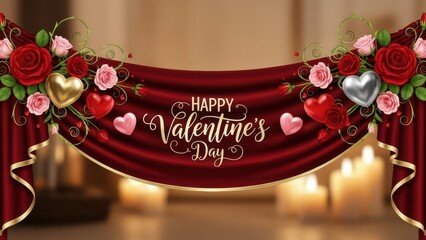 Happy Valentine's Day Red Velvet Banner with Roses, Hearts, and Romantic Candlelight Background