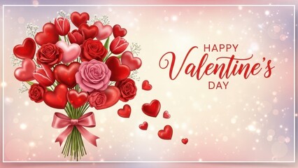 Happy Valentine's Day Romantic Background with Red Hearts and Rose Bouquet on Bokeh