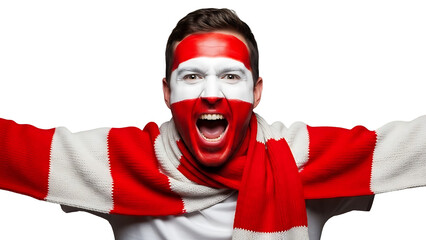 A man with face paint in red and white colors cheering enthusiastically on transparent background