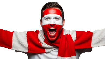 A man with face paint in red and white colors cheering enthusiastically on transparent background
