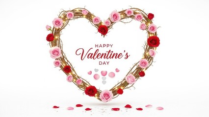 Happy Valentine's Day Heart Wreath Illustration with Pink and Red Roses, Isolated