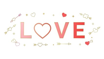 Love Text with Heart Symbol, Golden Arrows, and Pink Decorations Vector Illustration Isolated on White