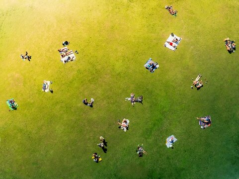 Aerial view of people basking in the sun on the lush green grass of Marsha P Johnson Park, a vibrant scene of summer leisure., Brooklyn, New York, United States.