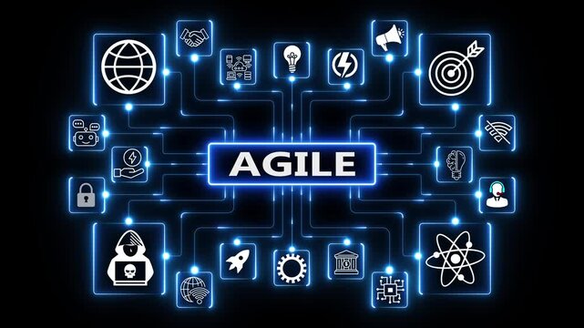Business, Technology, Internet and network concept. Agile Software Development. Glowing cyan neon line circle animation optimized for modern digital workflow visuals